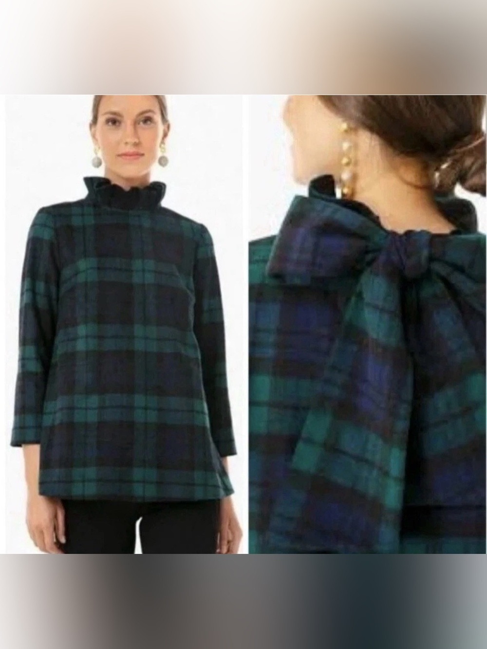 Tuckernuck Blackwatch Green Blue Plaid Bow Wool Blend Faye Blouse XS NEW